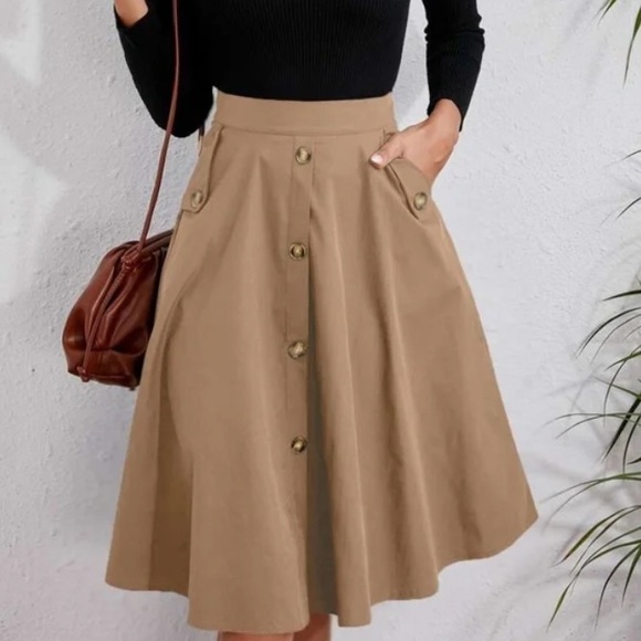 Classic Burnt Orange Button Detail Pocket Midi Skirt - Picture 4 of 16